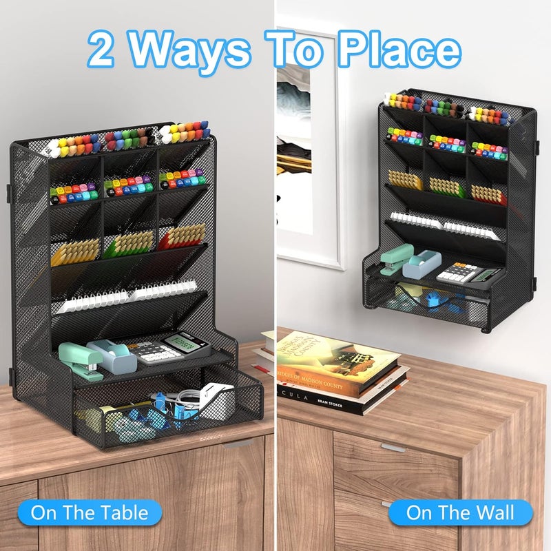 BOHDK Pen Organizer for Desk, Multi-Functional Desk Organizer, Wall Mount Pen Holder with Drawer for School, Office, Home, Art Supplies, Black - Image 3